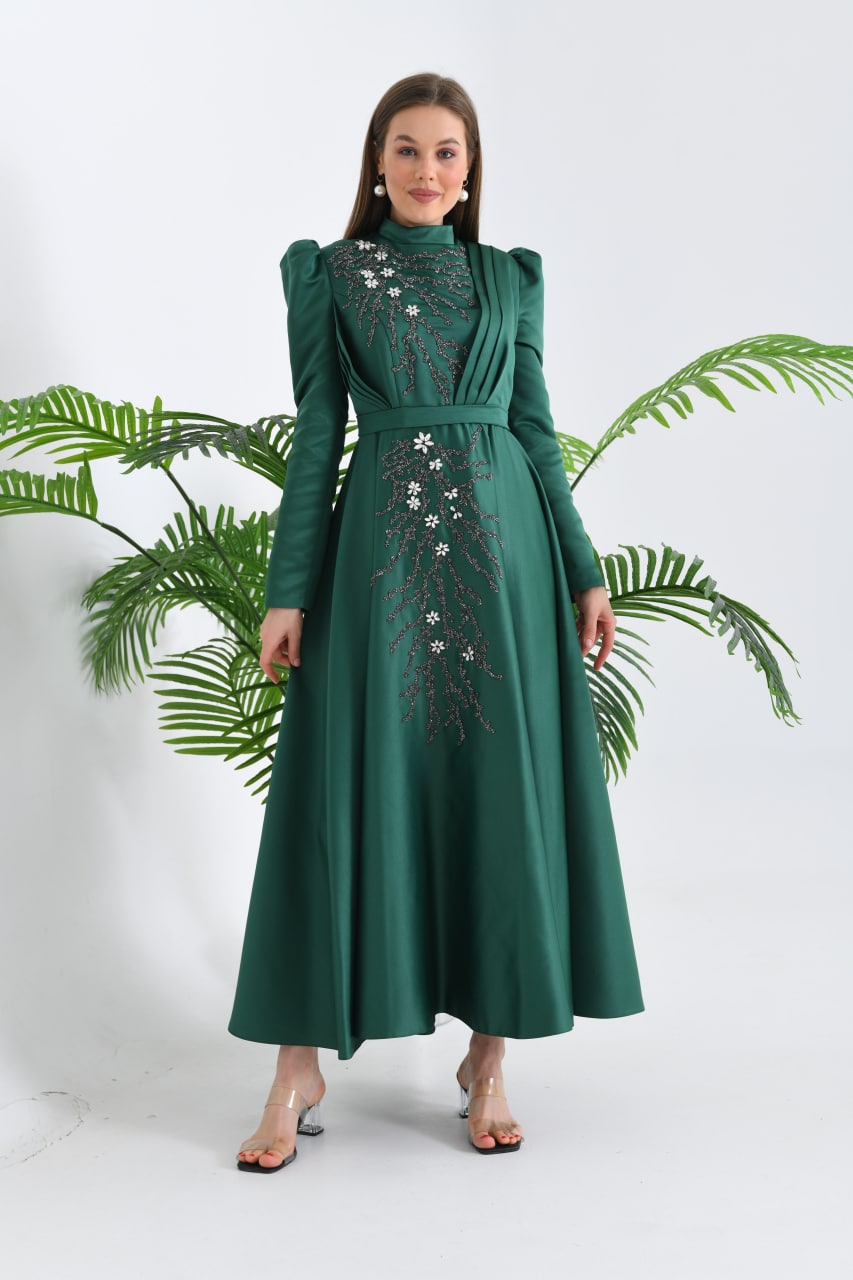 slim fit dress slacks The Brett Modest Lace Trim Dress Emerald / S